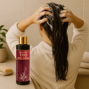 Woman using herbal shampoo in Pakistan – anti-hair fall shampoo
