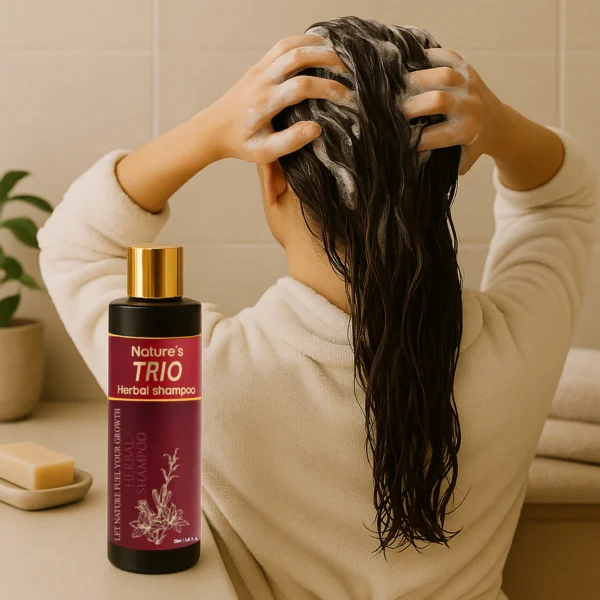 Woman using herbal shampoo in Pakistan – anti-hair fall shampoo